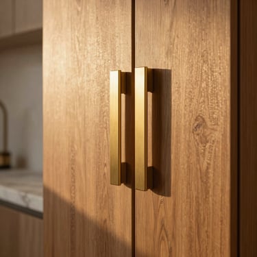 Close-up of premium craftsmanship featuring brushed brass fixtures and oiled walnut panels in a minimalist estate interior.