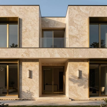 Wide-angle architectural photograph of a luxury villa facade with sharp geometric shadows cast on raw travertine walls.