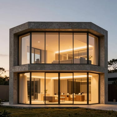 Symmetrical architectural elevation of a monolithic concrete penthouse at dusk, floor-to-ceiling glass glowing with warm interior light.