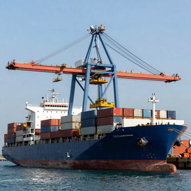 Wide shot of a container ship docking at a Cuban port under clear daylight, massive blue cranes unloading cargo, industrial scale