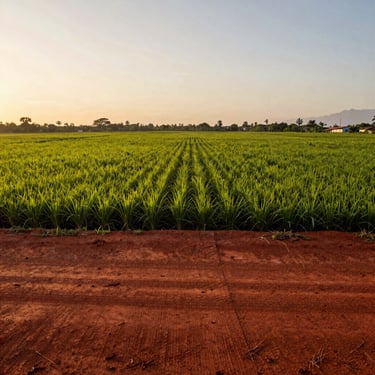 Vista vertical de campos de cultivo verdes sobre la rica tierra roja de Cuba bajo la luz dorada del amanecer