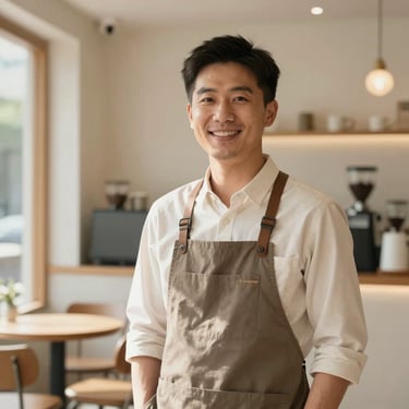 A portrait of an East Asian / Chinese cafe owner in professional attire, smiling warmly while standing in a modern, sunlit coffee shop. The image has a clean, airy feel with soft taupe and cream tones.