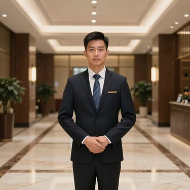 An East Asian / Chinese hospitality manager standing in a refined, modern hotel lobby. The composition is professional and clean, using a palette of medium brown and cream.