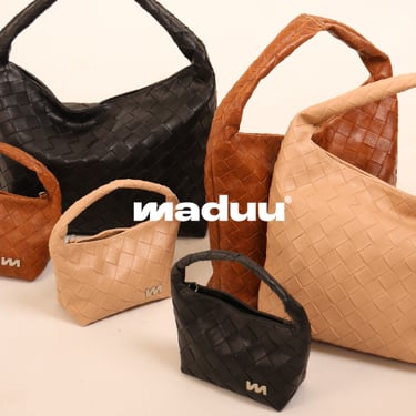 Maduu woven leather hobo bags and mini totes in black, tan, and beige colors.