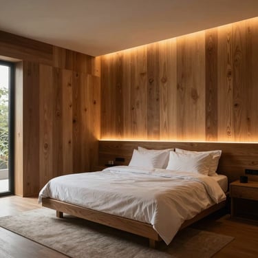 An elegant private residence bedroom with raw wooden elements and subtle automated lighting strips glowing in warm amber.