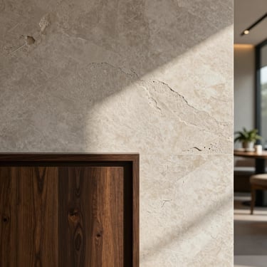 Tactile close-up of textured limestone and dark oak wood in a minimalist boutique hotel lobby, soft diffused morning light.
