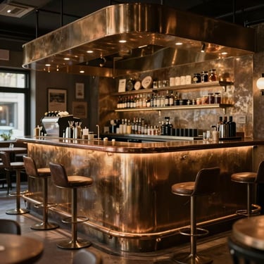 A quiet signature cafe bar with brushed bronze counters and warm, intimate low-angle lighting, empty of people.