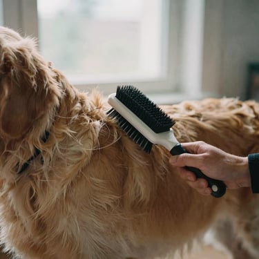 Close-up of a sturdy grooming brush removing thick winter coat from a golden retriever, soft natural window light, muted earth tones, 35mm film.