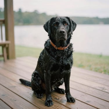 A damp black labrador sitting on a wooden porch after a swim, wearing a rugged terracotta collar, soft overcast daylight, 35mm film.