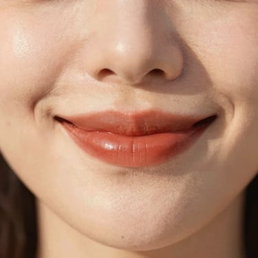 Close-up of a woman smiling with soft terracotta lip tint, showing real skin texture, warm natural lighting.