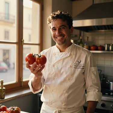 Warm portrait of Chef Jordi smiling in his El Born kitchen, holding fresh heirloom tomatoes, golden-hour window light, 35mm film feel