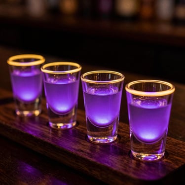 Four glowing, color-changing shot glasses lined up on a dark wooden board, neon gold rim lighting.
