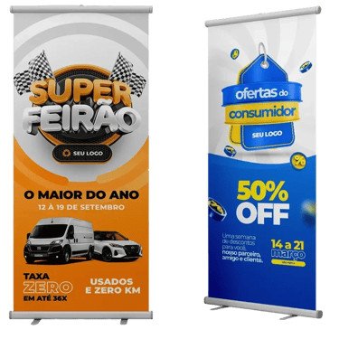 Custom roll-up banners for automotive sales and retail consumer promotions with 50% off deals.