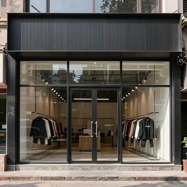 A completed retail showroom facade in Delhi, steel and glass elements, high-contrast industrial tones, natural daylight.