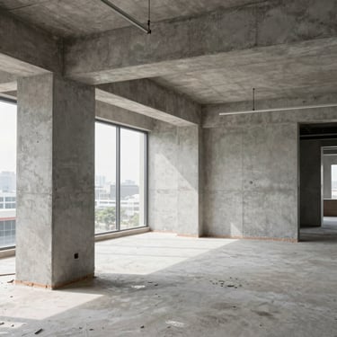 Documentary construction photography of a finished modern office interior fit-out in Mumbai, clean concrete lines, industrial lighting, sharp focus.