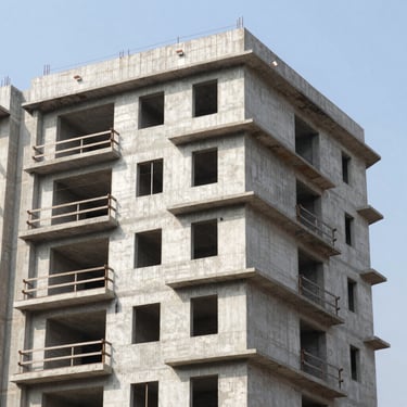 A finished mid-rise residential apartment building in Pune, raw concrete accents, bright daylight, real architectural details.