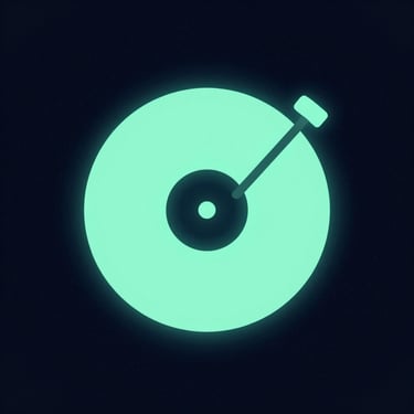 A clean vector icon of a glowing vinyl record with neon mint green accents on a dark textured background.