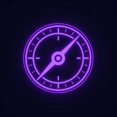 A clean vector icon of an ancient sundial illuminated by electric violet light against a deep dark background.