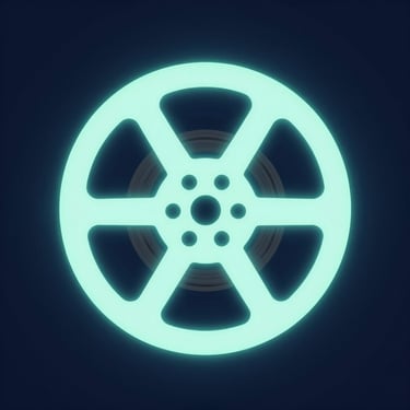 A clean vector icon representing cinema, a glowing film reel with mint green light against a deep midnight blue backdrop.