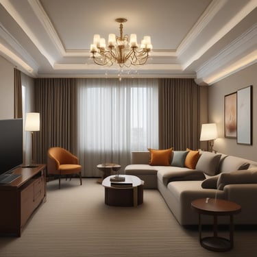 View of the city skyline from the deluxe room balcony at sunset.