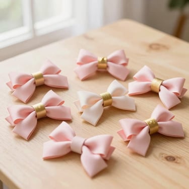 Soft pastel hair bows and cute accessories on a light wooden table, bright natural light