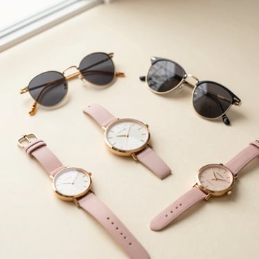 Elegant round watches and sunglasses arranged neatly on a warm cream background, flatlay