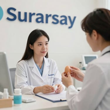 Close-up overhead of a healthcare professional's hands reviewing a printed medical screening checklist on a clipboard, soft clinical overhead light, pen resting beside the form, no faces visible, calm institutional setting