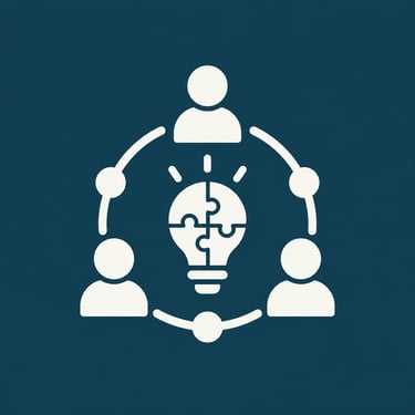 Flat icon of people connected in a circle around a puzzle light bulb symbol for team collaboration and innovation.