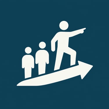 Business leadership icon showing a mentor leading a team on an upward growth arrow.