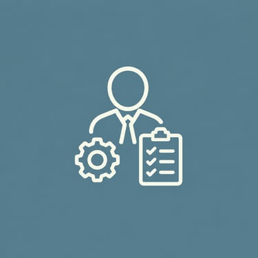 A minimalist white icon of a project manager with a gear and checklist on a blue background.
