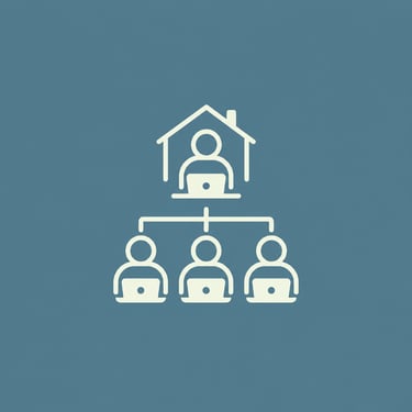 A minimalist white remote work icon showing a home office leader managing a distributed team on laptops.