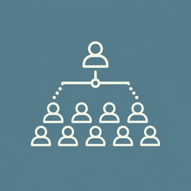Minimalist organizational chart icon representing corporate hierarchy and team structure on a blue background.