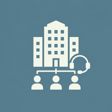 Customer support icon showing an office building connected to staff with headsets for business communication.