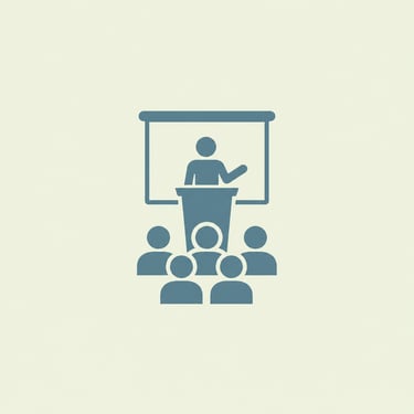 Flat icon of a speaker at a podium giving a presentation to an audience in a classroom or seminar.
