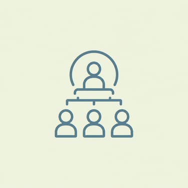 A minimal blue line icon of a corporate organizational chart showing leadership and team structure.