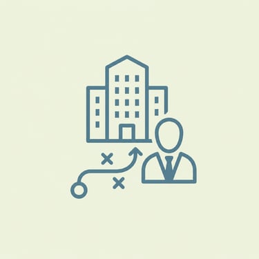 A corporate business strategy icon showing a professional icon, office building, and a tactical roadmap.