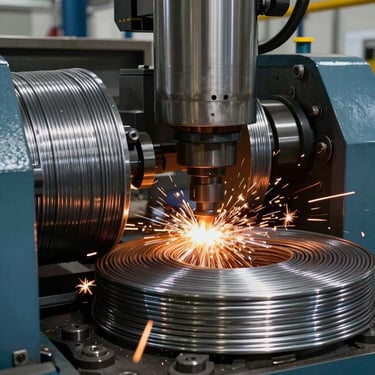 Extreme close-up of a heavy CNC coiling machine bending a thick steel wire under high pressure, dramatic metallic reflections, safety orange sparks, industrial atmosphere