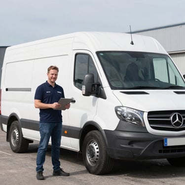A delivery driver with a digital tablet standing next to a white Mercedes-Benz Sprinter cargo van.