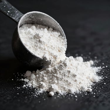 Macro shot of pure white creatine powder spilling from a black scoop, dynamic low-key lighting, dark background