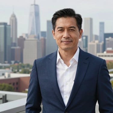 A professional headshot of a man in a navy blue blazer, standing on an outdoor terrace overlooking a city skyline in North America, radiating authority and reliability.