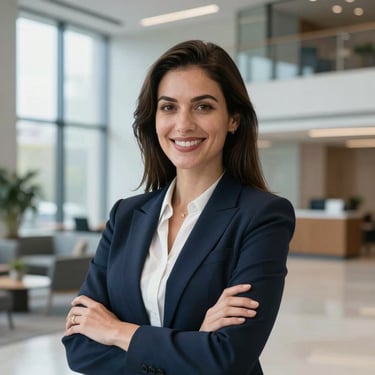 A professional headshot of a woman in business attire, smiling confidently in a modern North American office lobby with large windows and blue accents.