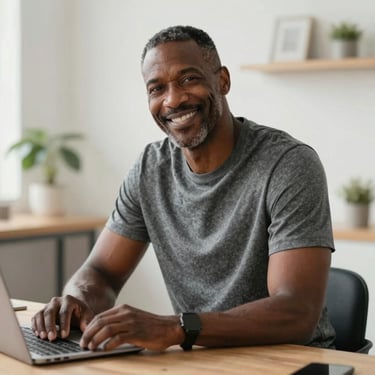 A smiling middle-aged Black man using a laptop in a bright home office setting.