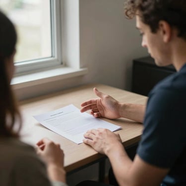 Tight crop of two people seated across a narrow office table, one gesturing toward a printed document, natural daylight from a window to the left, candid and unposed