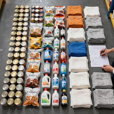 Overhead flat-lay of organized ship provisions inventory on a warehouse floor — canned goods, dry goods packets, cleaning supply bottles, and folded cabin linens arranged in neat category rows under bright warehouse lighting, hands visible at the edge counting items against a manifest sheet