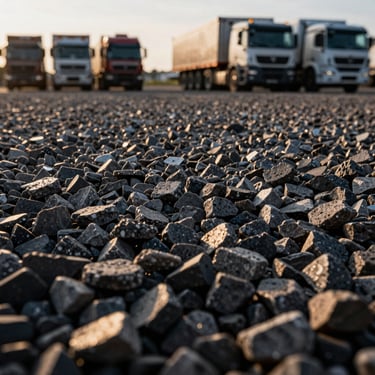 Close-up macro shot of small crushed stone (pedrisco), textured, crisp daylight, industrial commercial photography