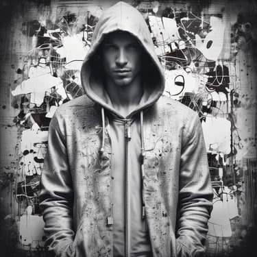 A confident young man wearing a mustardfaith hoodie against a matte black urban wall.