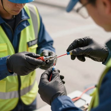Technician in safety gear splicing optical fiber cables outdoors during bright daylight, precision tools visible