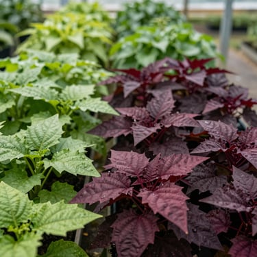 Vigorous companion garden plants in a greenhouse row, soft diffused daylight, rich green textures
