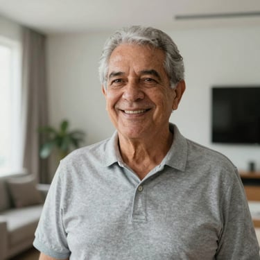 Portrait of a senior Brazilian man with a friendly expression, standing in a brightly lit modern apartment, reflecting happiness and security.