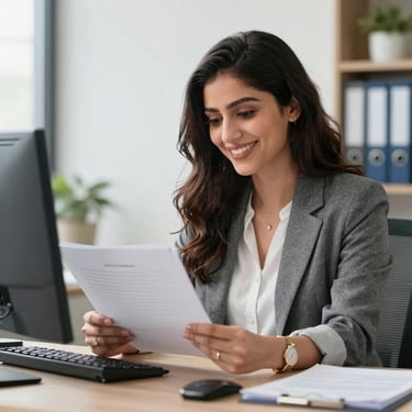 Photo of a cheerful pakistani businesswoman reviewing documents in an office setting.